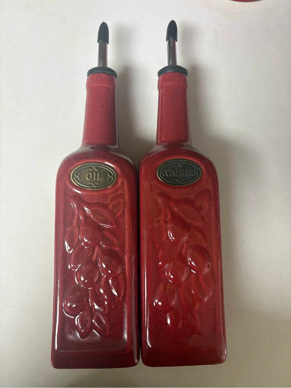 EUC Pier 1 Imports Red Ribbed Ceramic Canister/Oil & Vinegar Set